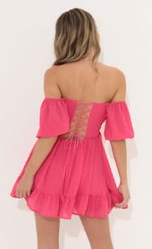 Picture thumb Roxana Chiffon Off The Shoulder Dress in Pink. Source: https://media.lucyinthesky.com/data/Jun22_1/170xAUTO/1V9A3143.JPG