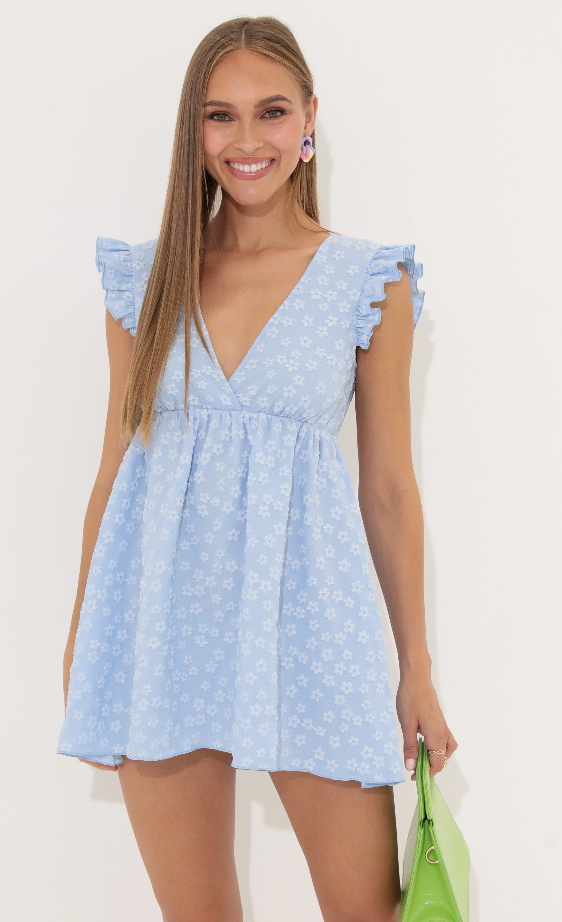 Lindsay Floral Jacquard Baby Doll Dress in Blue