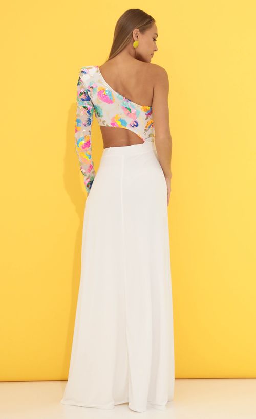 Picture Cheree One Shoulder Sequin Maxi Dress in White. Source: https://media.lucyinthesky.com/data/Jun22_1/500xAUTO/1V9A1744.JPG