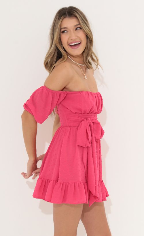 Picture Roxana Chiffon Off The Shoulder Dress in Pink. Source: https://media.lucyinthesky.com/data/Jun22_1/500xAUTO/1V9A3063.JPG