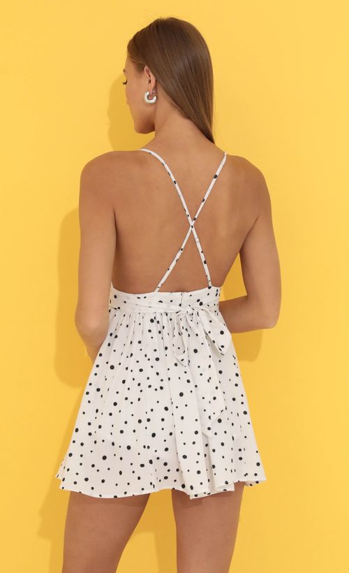 Picture Get Right To It Dotted Crepe Romper in White. Source: https://media.lucyinthesky.com/data/Jun22_1/500xAUTO/1V9A3086.JPG