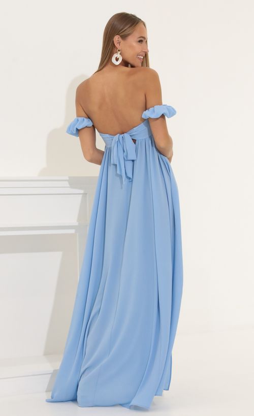 Picture Felicity Crepe Off The Shoulder Maxi in Blue. Source: https://media.lucyinthesky.com/data/Jun22_1/500xAUTO/1V9A3381.JPG