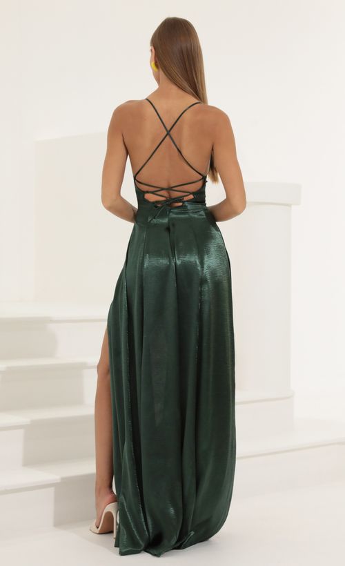Picture Caitlin Satin Slit Maxi Dress in Green. Source: https://media.lucyinthesky.com/data/Jun22_1/500xAUTO/1V9A4987.JPG