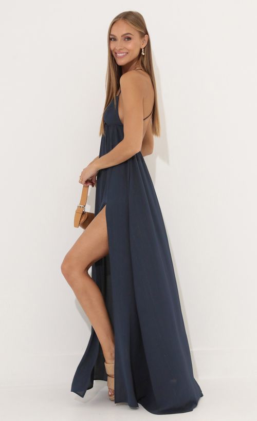 Picture Tatiana Crepe Pinstripe Side Slit Maxi in Navy. Source: https://media.lucyinthesky.com/data/Jun22_1/500xAUTO/1V9A70161.JPG