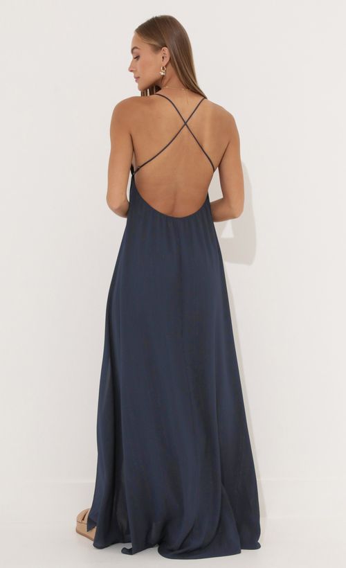 Picture Tatiana Crepe Pinstripe Side Slit Maxi in Navy. Source: https://media.lucyinthesky.com/data/Jun22_1/500xAUTO/1V9A70321.JPG