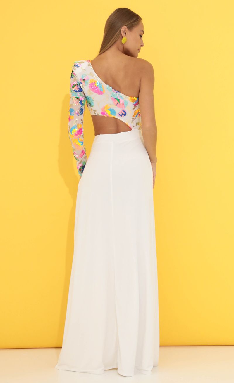 Picture Cheree One Shoulder Sequin Maxi Dress in White. Source: https://media.lucyinthesky.com/data/Jun22_1/800xAUTO/1V9A1744.JPG