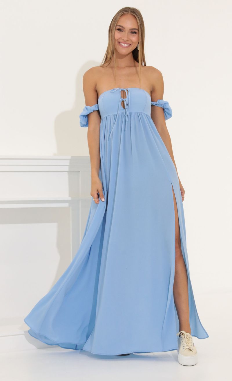 Picture Felicity Crepe Off The Shoulder Maxi in Blue. Source: https://media.lucyinthesky.com/data/Jun22_1/800xAUTO/1V9A3212.JPG