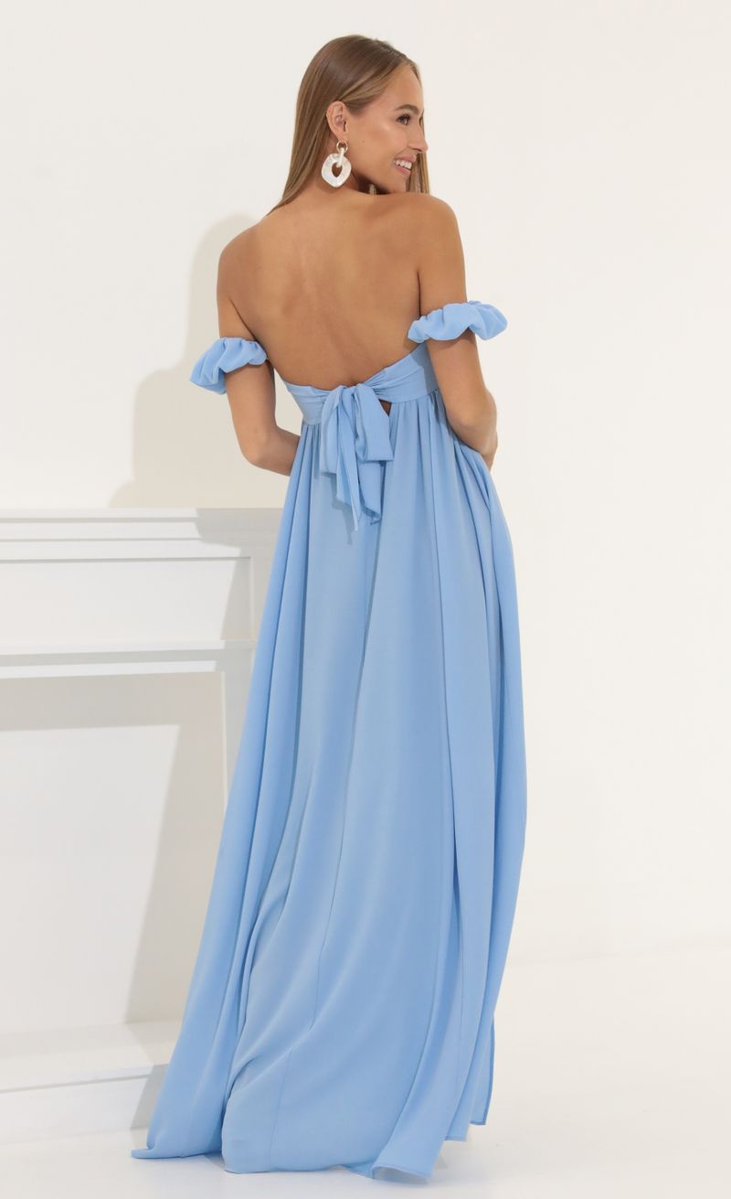 Picture Felicity Crepe Off The Shoulder Maxi in Blue. Source: https://media.lucyinthesky.com/data/Jun22_1/800xAUTO/1V9A3381.JPG