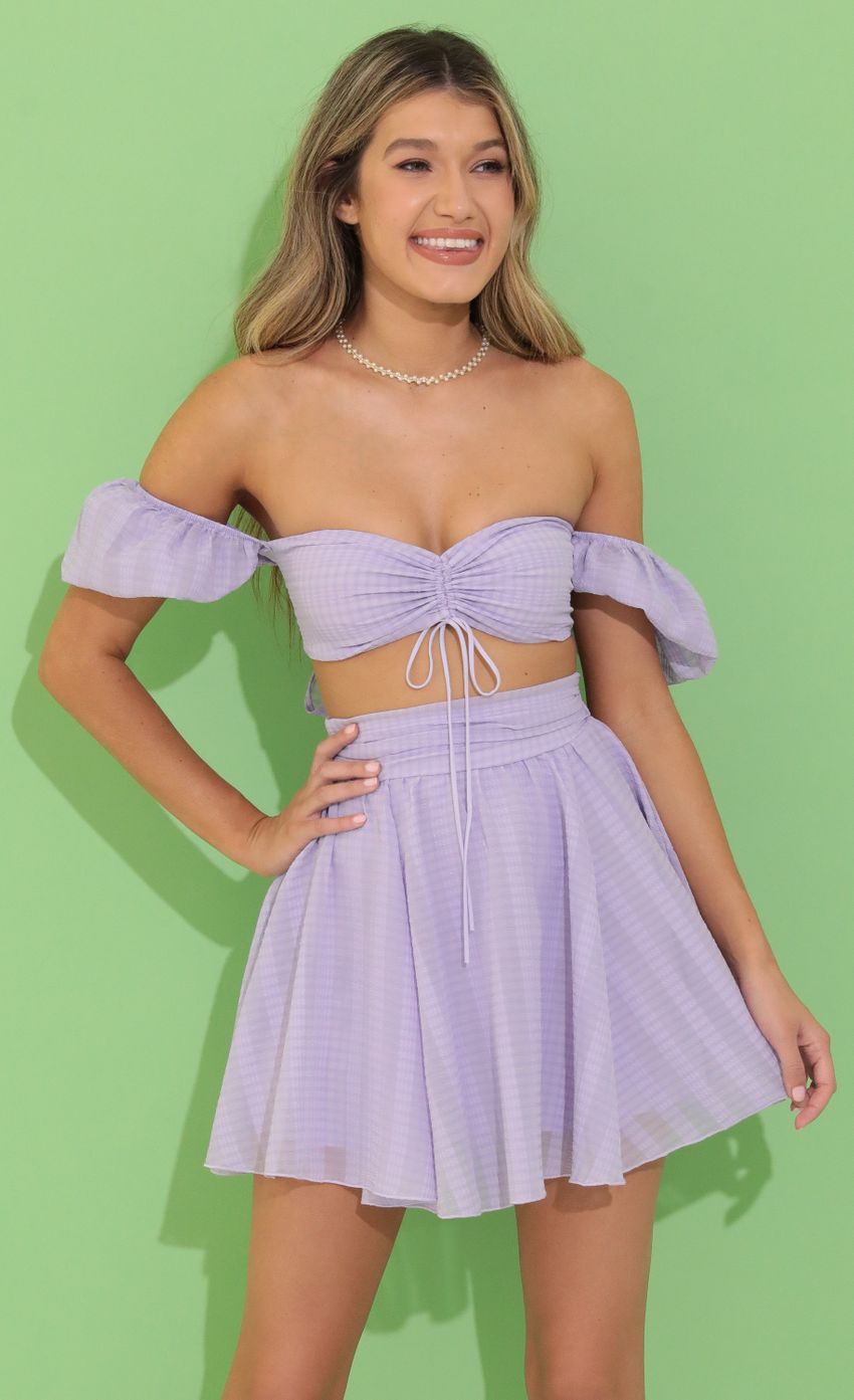 Picture Solay Plaid Chiffon Baby Doll Two Piece Skirt Set in Purple. Source: https://media.lucyinthesky.com/data/Jun22_1/850xAUTO/1V9A7597.JPG