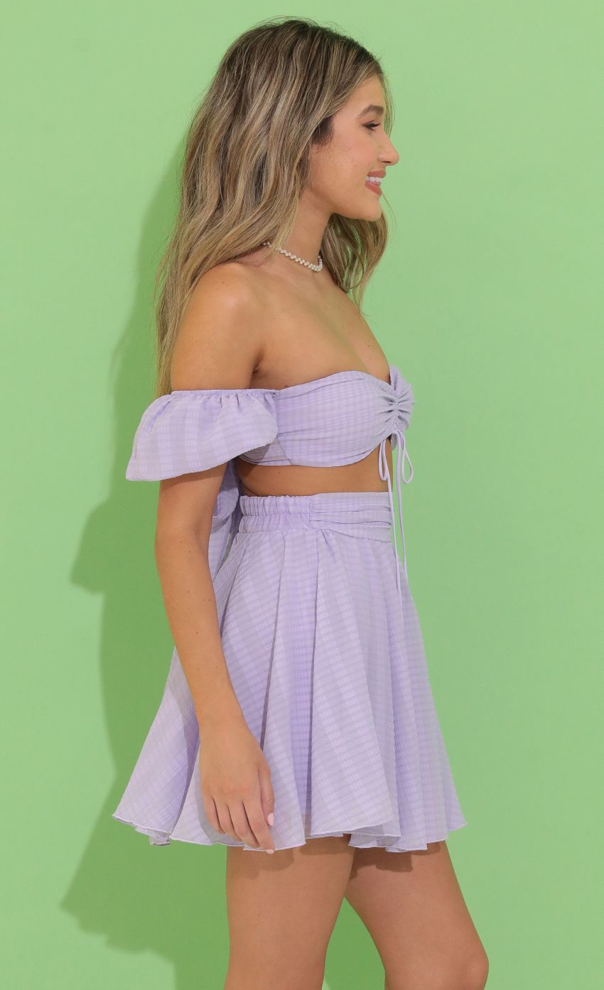 Picture Solay Plaid Chiffon Baby Doll Two Piece Skirt Set in Purple. Source: https://media.lucyinthesky.com/data/Jun22_1/850xAUTO/1V9A7718.JPG