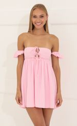 Picture Daniella Bubble Crepe Baby Doll Dress in Pink. Source: https://media.lucyinthesky.com/data/Jun22_2/150xAUTO/1V9A7657.JPG