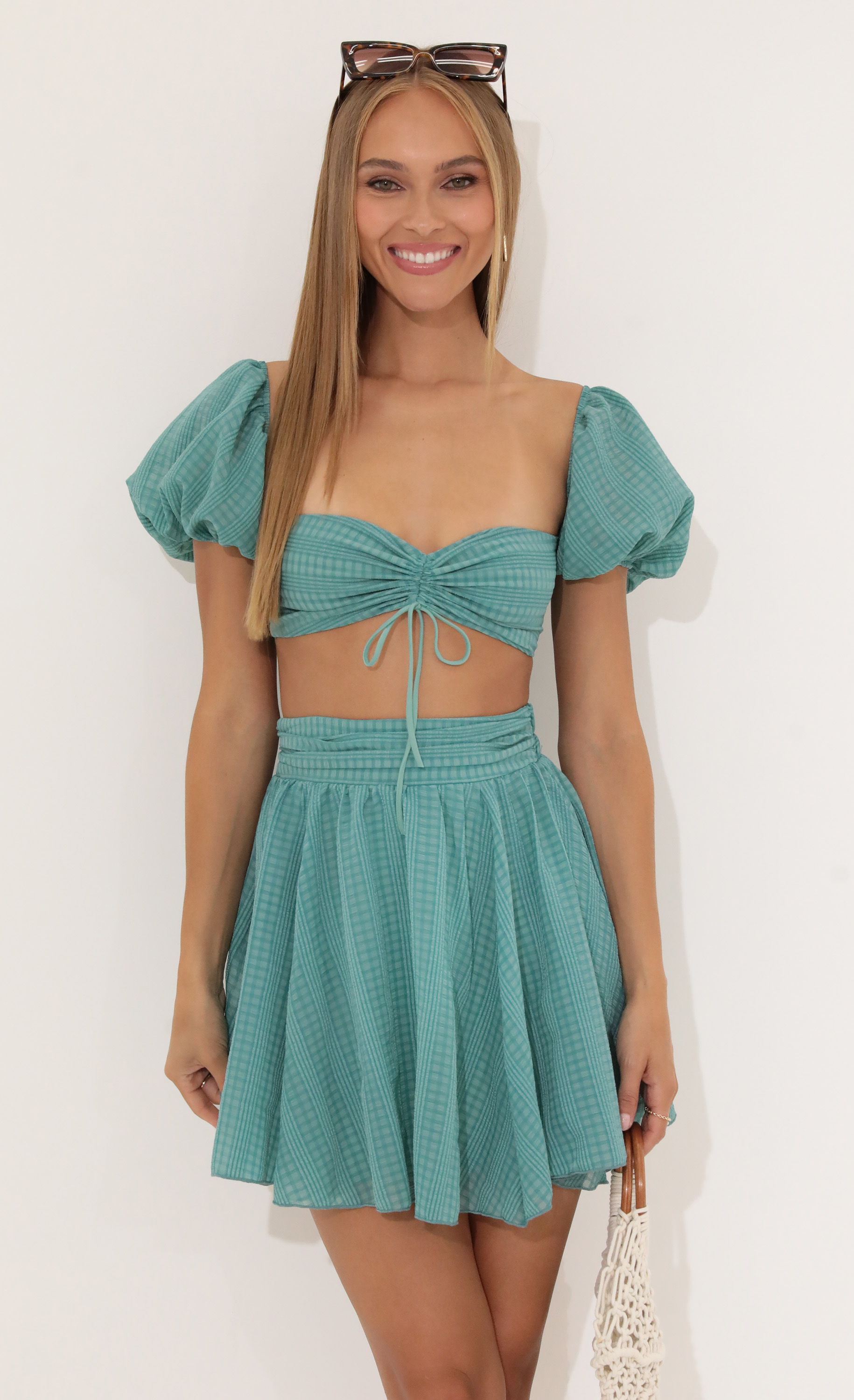 Solay Plaid Chiffon Baby Doll Two Piece Skirt Set in Green
