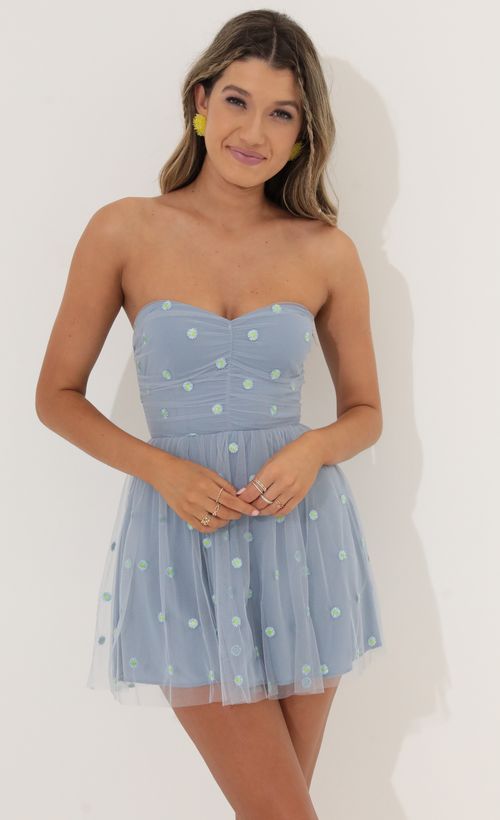 Picture Julia Floral Mesh A-Line Dress in Blue. Source: https://media.lucyinthesky.com/data/Jun22_2/500xAUTO/1V9A0336.JPG