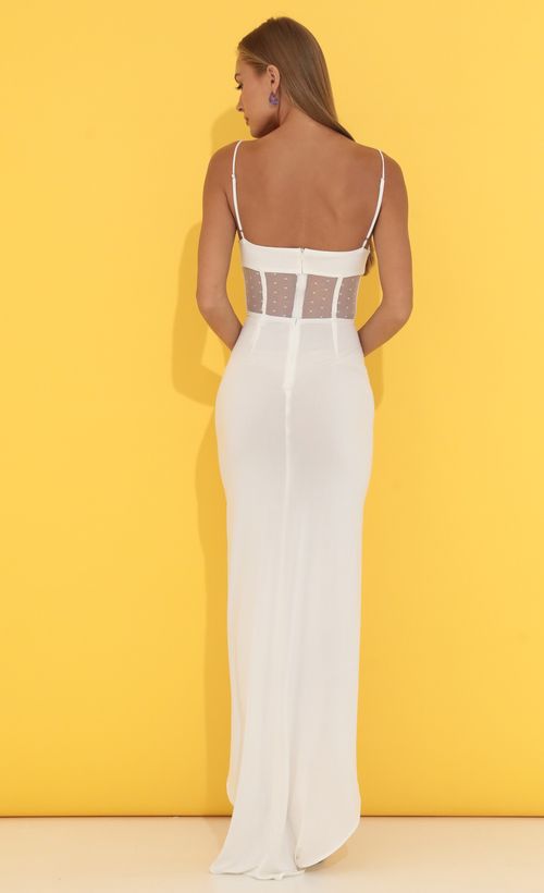 Picture Ainsley Mesh Cut Out Maxi Dress in White. Source: https://media.lucyinthesky.com/data/Jun22_2/500xAUTO/1V9A0804.JPG