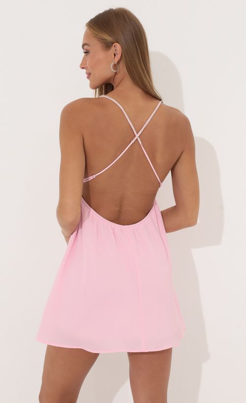 Picture Ashlee Crepe Baby Doll Dress in Pink. Source: https://media.lucyinthesky.com/data/Jun22_2/500xAUTO/1V9A4199.JPG