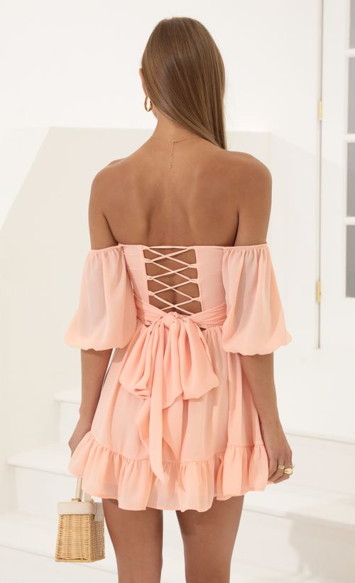 Picture Roxana Off The Shoulder Dress in Peach. Source: https://media.lucyinthesky.com/data/Jun22_2/500xAUTO/1V9A4251.JPG