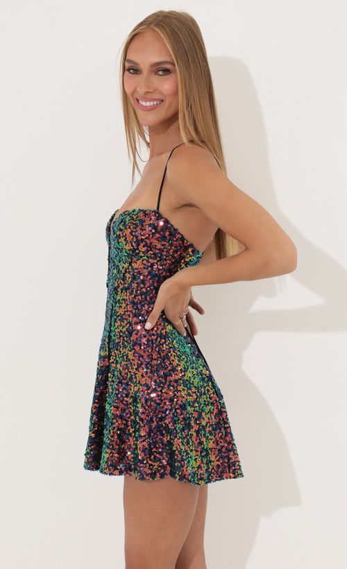 Picture Jessie Fit and Flare Iridescent Dress in Black. Source: https://media.lucyinthesky.com/data/Jun22_2/500xAUTO/1V9A5930.JPG