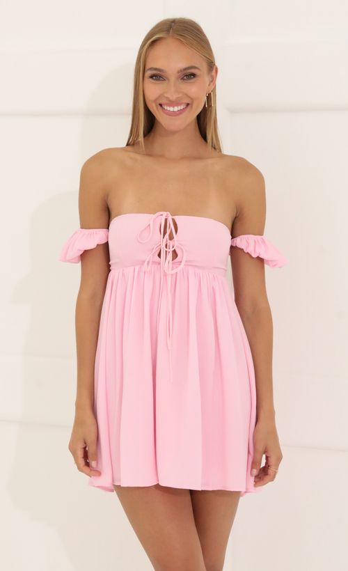 Picture Daniella Bubble Crepe Baby Doll Dress in Pink. Source: https://media.lucyinthesky.com/data/Jun22_2/500xAUTO/1V9A7657.JPG
