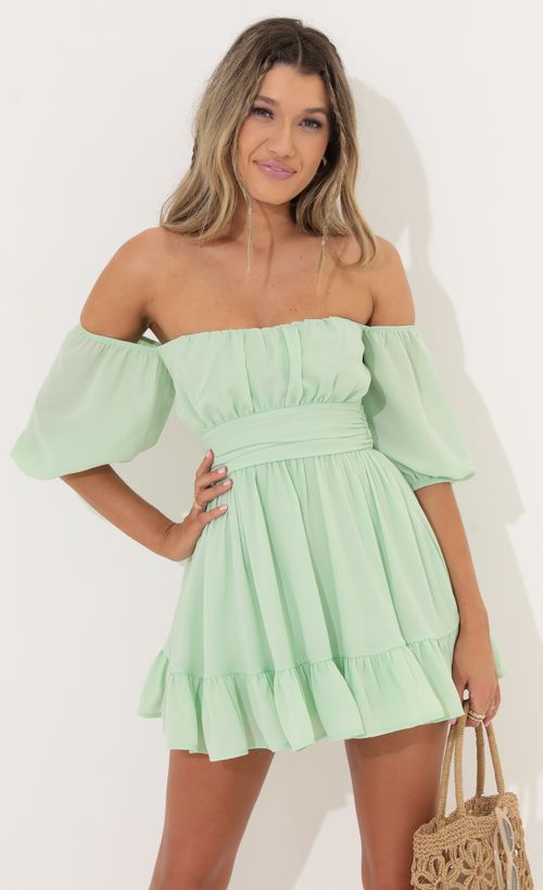 Picture Roxana Off The Shoulder Dress in Green. Source: https://media.lucyinthesky.com/data/Jun22_2/500xAUTO/1V9A8100.JPG