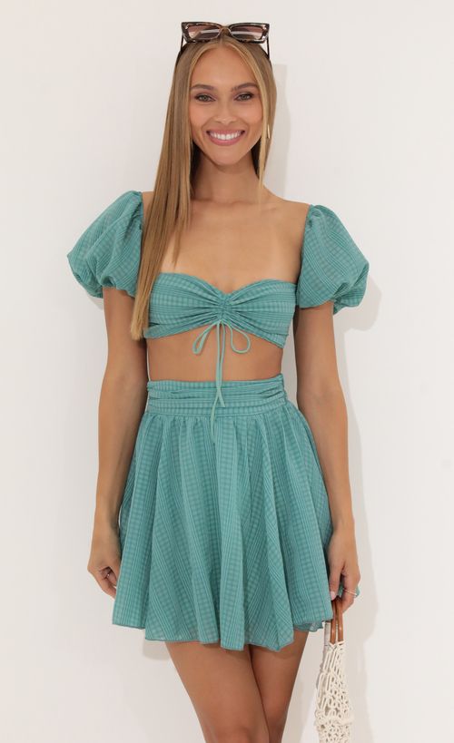 Picture Solay Plaid Chiffon Baby Doll Two Piece Skirt Set in Green. Source: https://media.lucyinthesky.com/data/Jun22_2/500xAUTO/1V9A81241.JPG