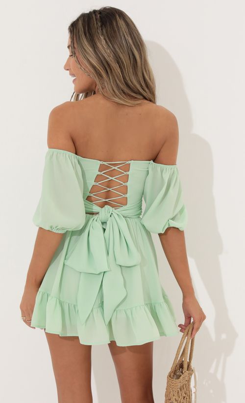 Picture Roxana Off The Shoulder Dress in Green. Source: https://media.lucyinthesky.com/data/Jun22_2/500xAUTO/1V9A8298.JPG