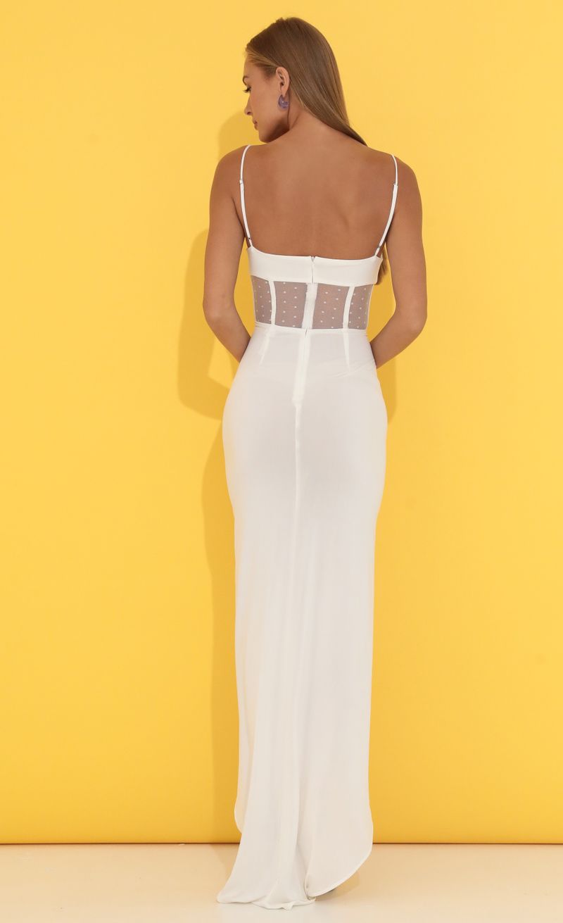 Picture Ainsley Mesh Cut Out Maxi Dress in White. Source: https://media.lucyinthesky.com/data/Jun22_2/800xAUTO/1V9A0804.JPG