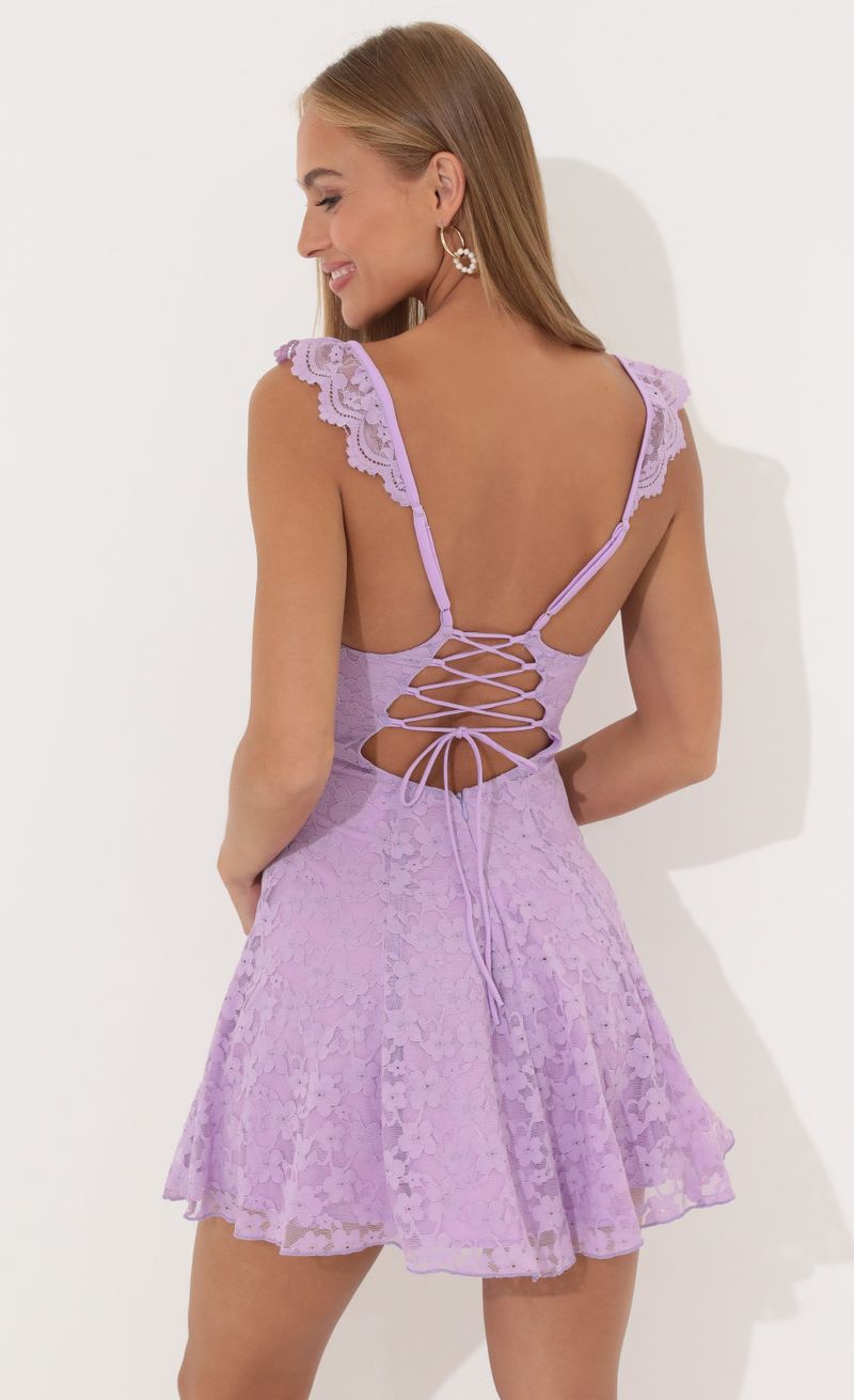 Picture Sherry Lace Fit and Flare Dress in Purple. Source: https://media.lucyinthesky.com/data/Jun22_2/800xAUTO/1V9A1458.JPG