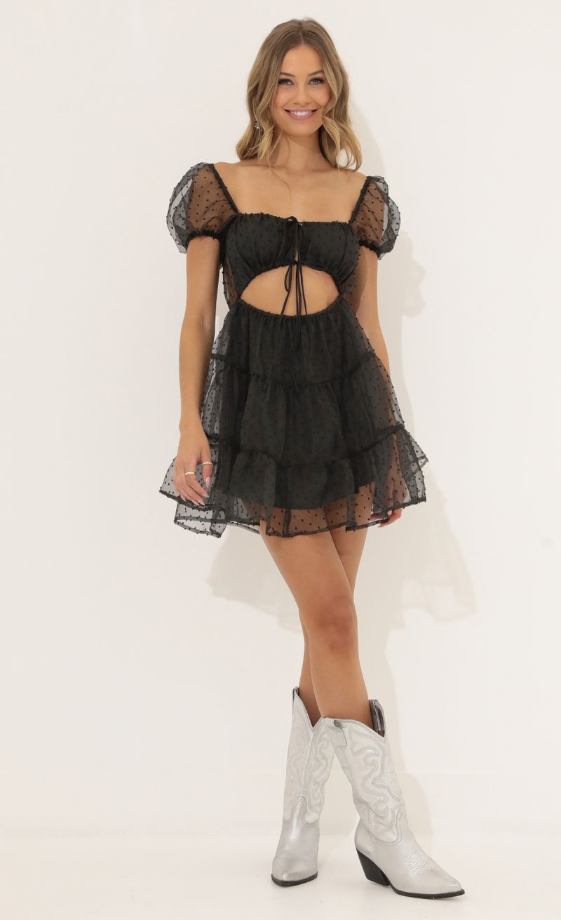 Picture Breanna Dotted Organza Dress in Black. Source: https://media.lucyinthesky.com/data/Jun22_2/800xAUTO/1V9A6296.JPG