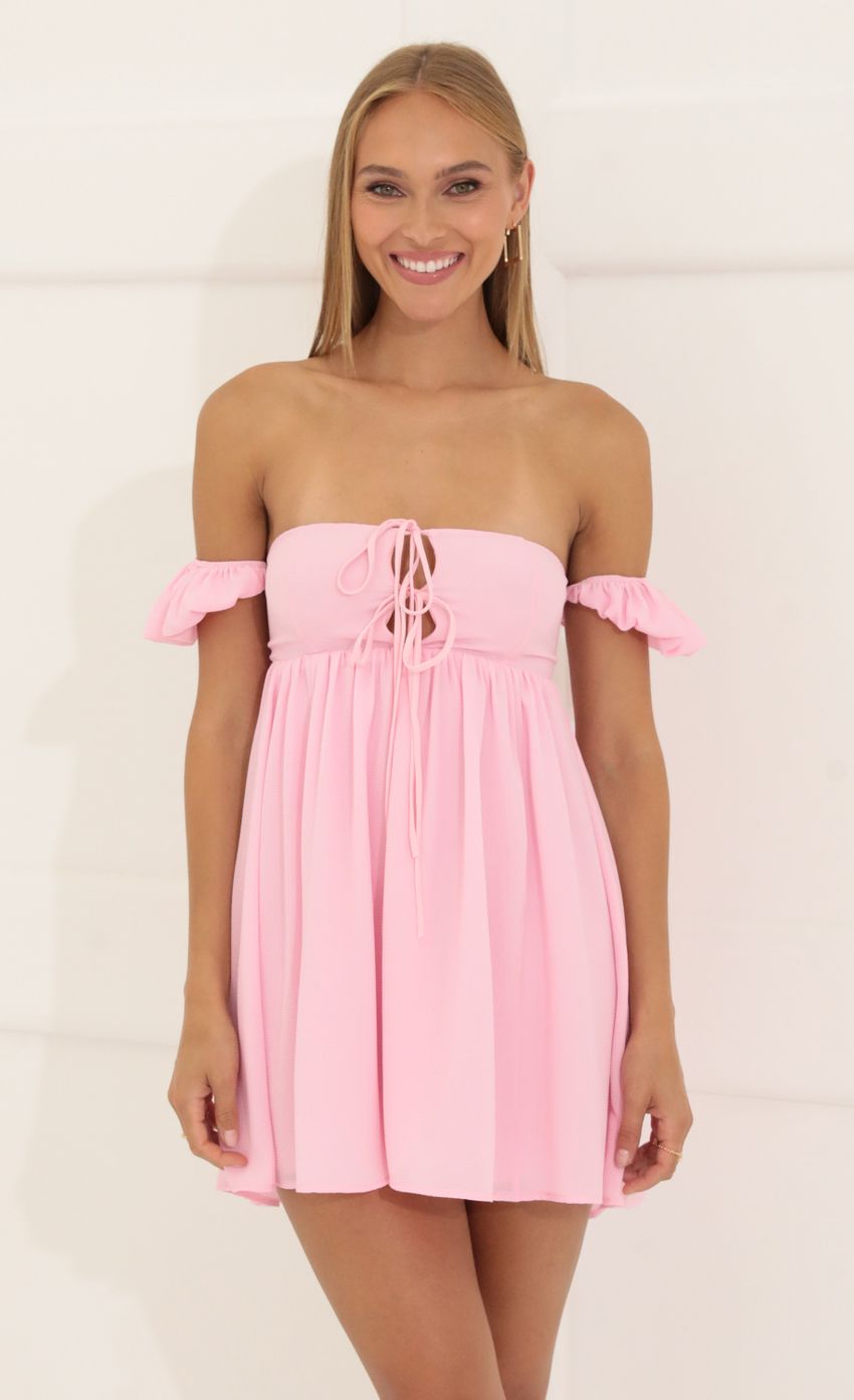 Picture Daniella Bubble Crepe Baby Doll Dress in Pink. Source: https://media.lucyinthesky.com/data/Jun22_2/850xAUTO/1V9A7657.JPG