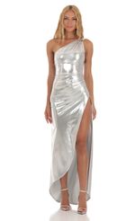 Picture Kavita Metallic One Shoulder Dress in Silver. Source: https://media.lucyinthesky.com/data/Jun23/150xAUTO/0ceb8186-506f-4f85-8033-435b68b9673e.jpg
