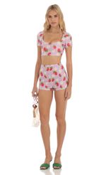 Picture Zell Strawberry Floral Two Piece Short Set in Purple. Source: https://media.lucyinthesky.com/data/Jun23/150xAUTO/4cc5634c-7ad9-4d39-b42a-5f8a94b8b80f.jpg