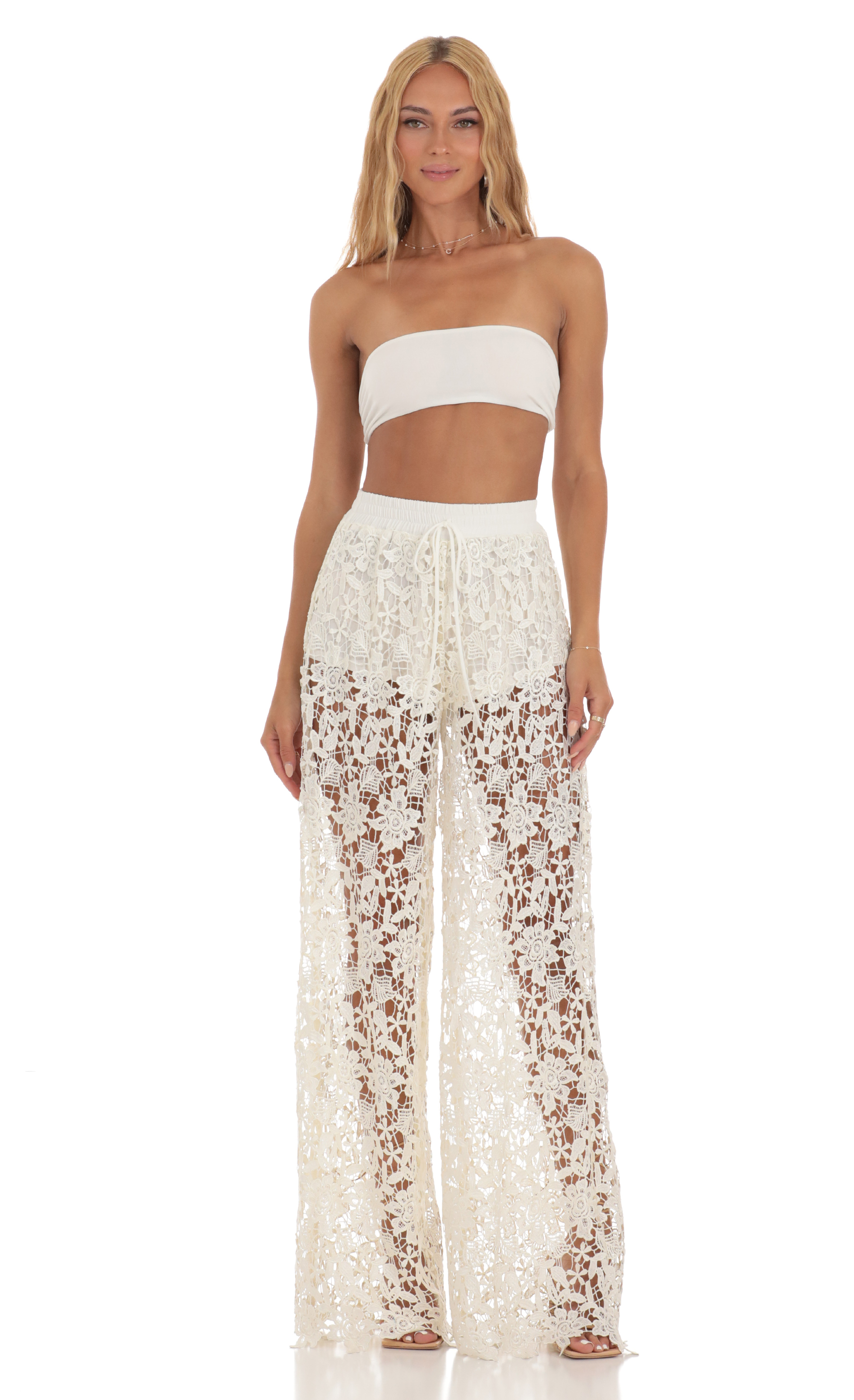 Audrina Crochet Two Piece Pants Set in Ivory