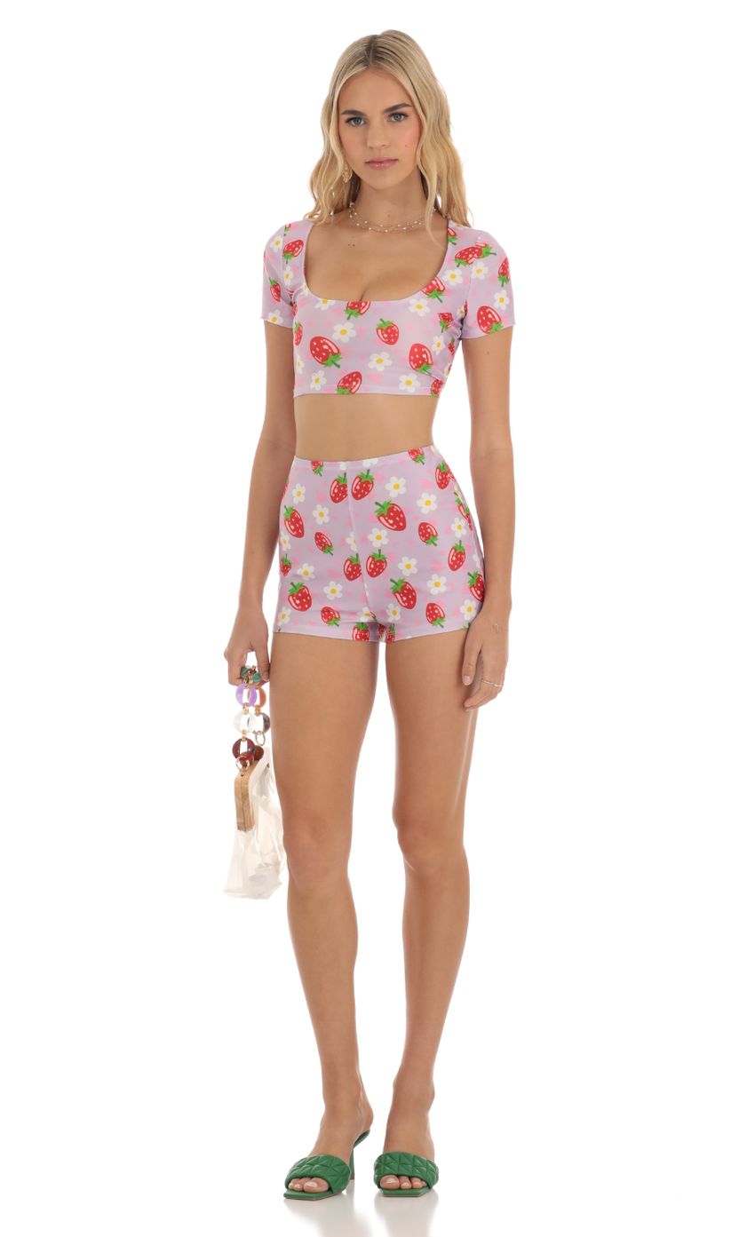 Picture Zell Strawberry Floral Two Piece Short Set in Purple. Source: https://media.lucyinthesky.com/data/Jun23/850xAUTO/4cc5634c-7ad9-4d39-b42a-5f8a94b8b80f.jpg