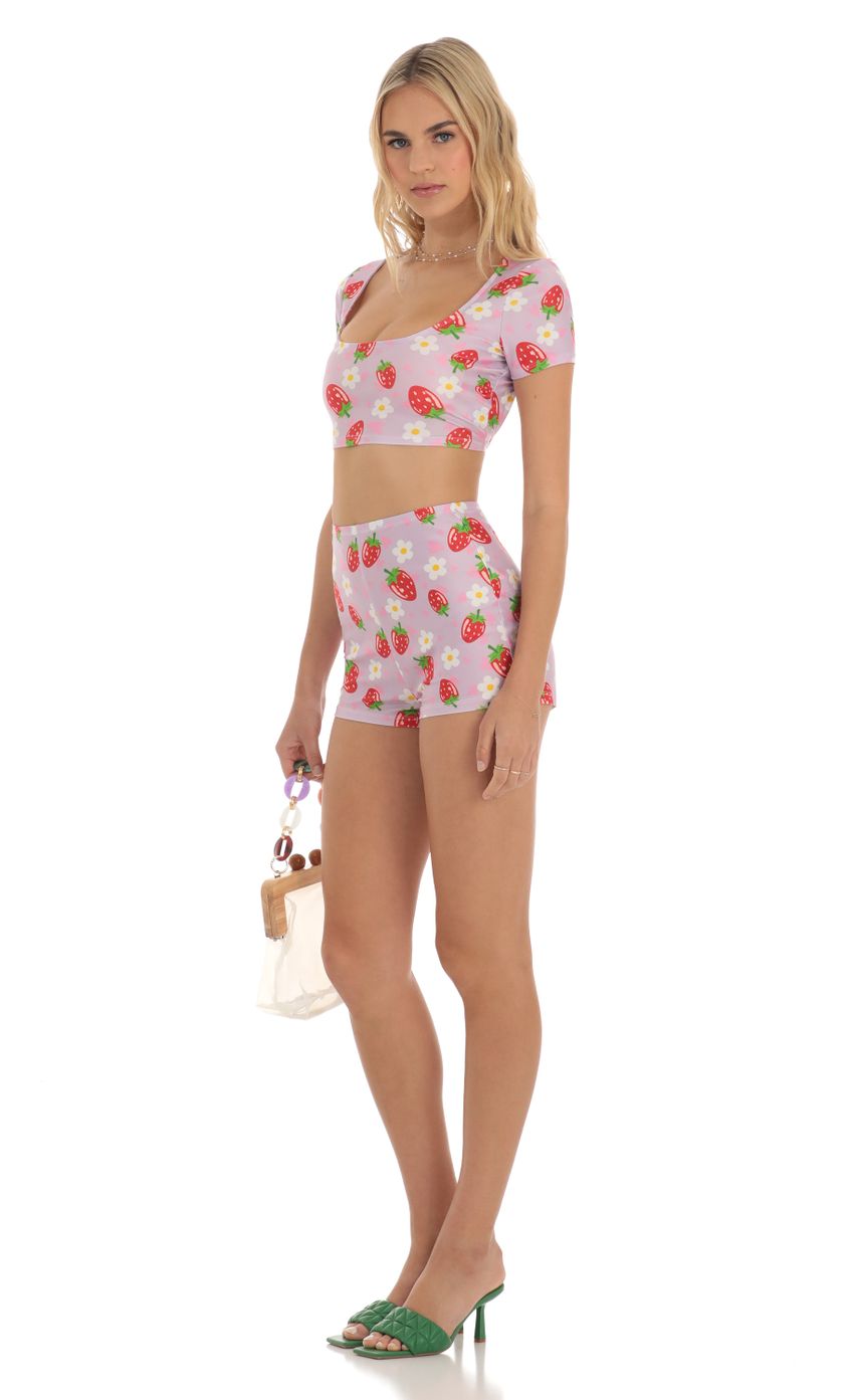 Picture Zell Strawberry Floral Two Piece Short Set in Purple. Source: https://media.lucyinthesky.com/data/Jun23/850xAUTO/65e31117-8946-47ee-a17e-7c2423cbf9cd.jpg