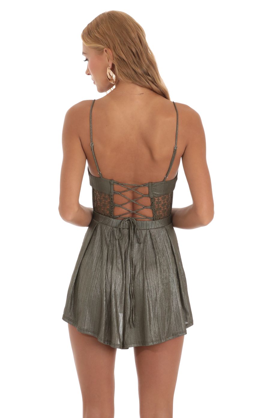 Picture Neha Shimmer Embroidered Corset Romper in Olive Green. Source: https://media.lucyinthesky.com/data/Jun23/850xAUTO/7b6665de-e398-42a9-8fa7-c6a5589412b5.jpg