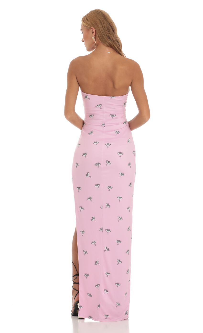 Picture Birch Eye Print Strapless Maxi Dress in Pink. Source: https://media.lucyinthesky.com/data/Jun23/850xAUTO/8c3d0715-a3a2-4041-91b4-2efe03074abe.jpg