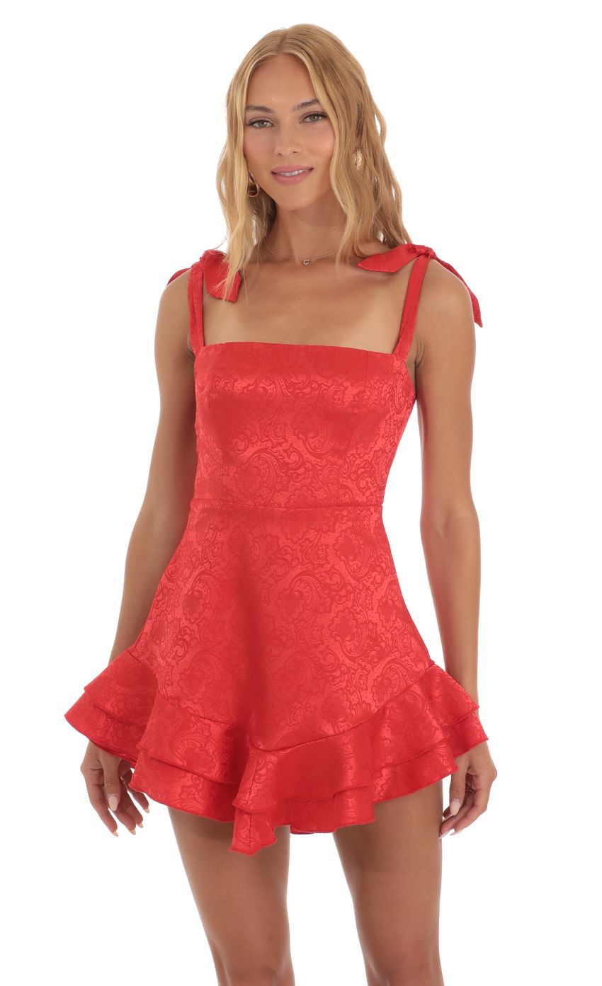 Picture Tallie Floral Jacquard A-Line Dress with Ruffle in Red. Source: https://media.lucyinthesky.com/data/Jun23/850xAUTO/b5c27790-8174-4cce-abfe-b966e11c6d1b.jpg