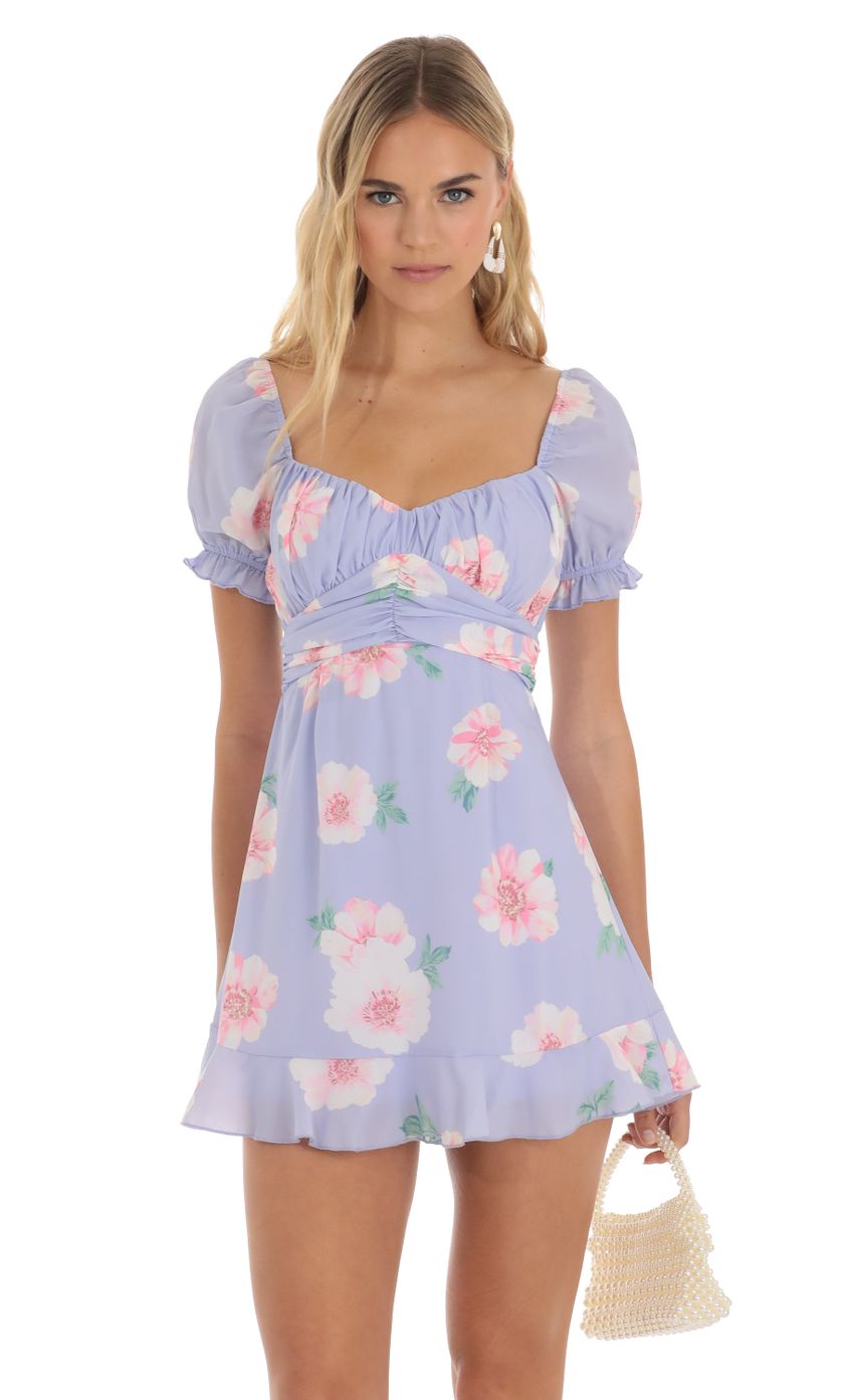 Picture Alice Floral Fit and Flare Dress in Purple. Source: https://media.lucyinthesky.com/data/Jun23/850xAUTO/d286fee6-c4fe-4b3f-9b05-f0c82bbf9cab.jpg