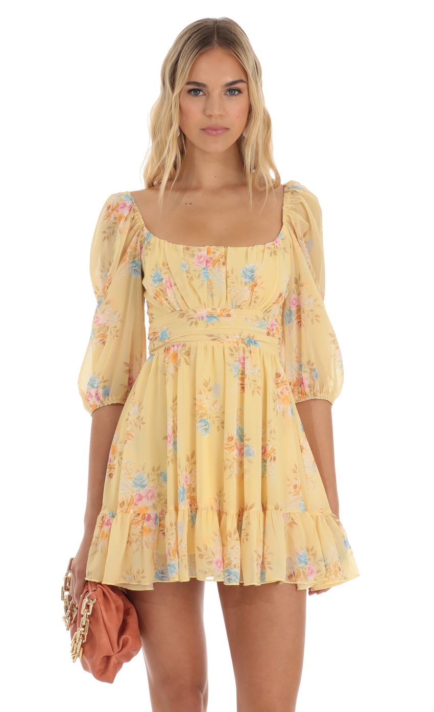 Picture Neia Floral Ruffle Dress in Yellow. Source: https://media.lucyinthesky.com/data/Jun23/850xAUTO/e96173b9-77a8-4d85-af60-0ceac417bd36.jpg