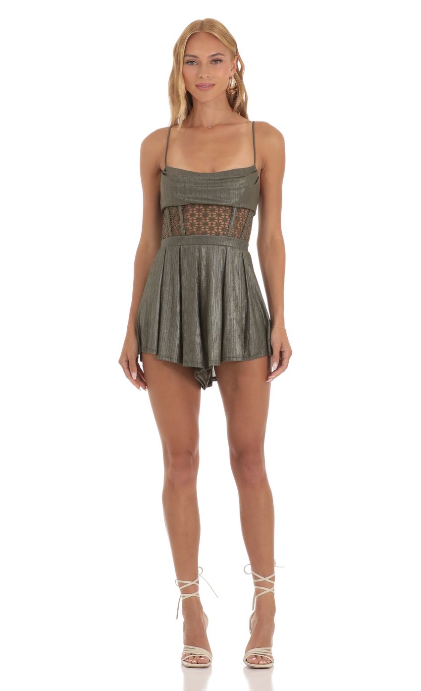 Picture Neha Shimmer Embroidered Corset Romper in Olive Green. Source: https://media.lucyinthesky.com/data/Jun23/850xAUTO/efba3f7a-6217-4742-a88e-b0b1dc102d2c.jpg