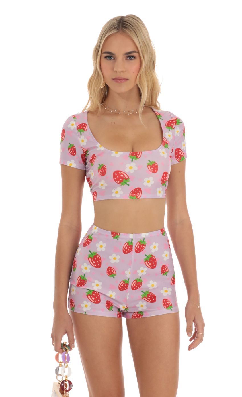 Picture Zell Strawberry Floral Two Piece Short Set in Purple. Source: https://media.lucyinthesky.com/data/Jun23/850xAUTO/fcd42560-0b8a-4afc-8e66-525a0a8da605.jpg
