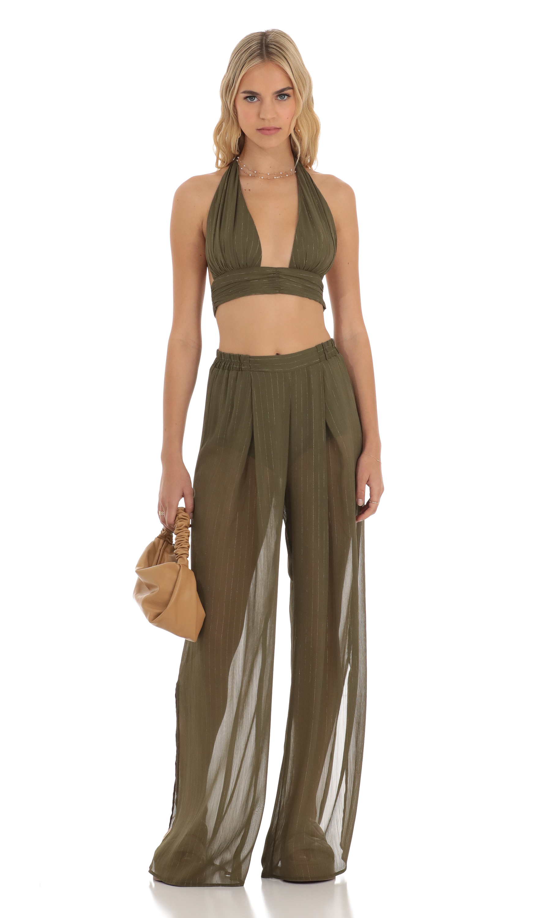 Lesly Gold Striped Three Piece Set in Olive Green