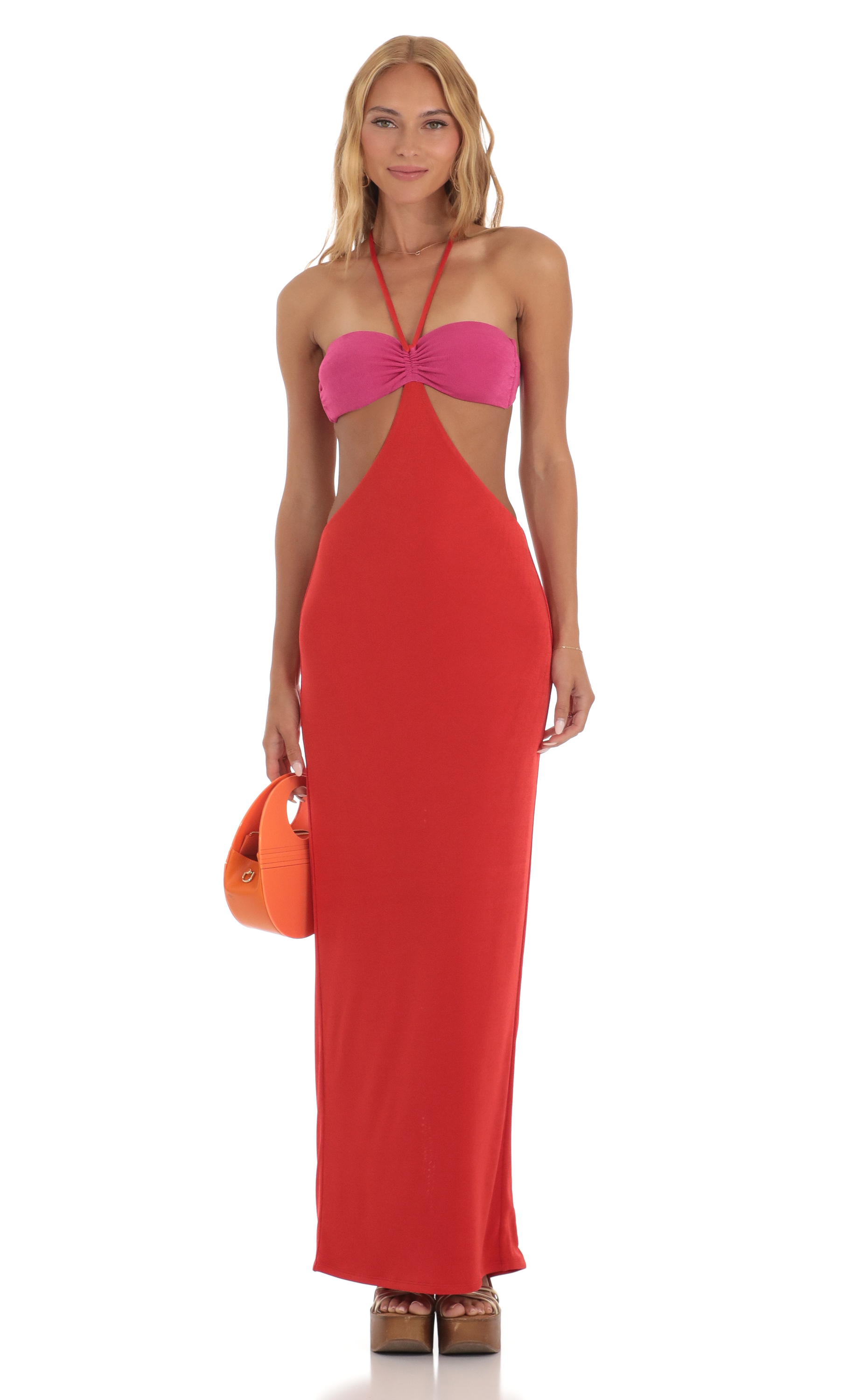 Sonora Two Toned Cutout Maxi Dress in Red and Pink