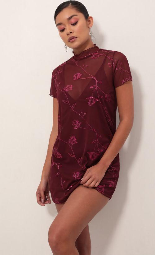 Picture Harper Dress in Burgundy Cherry Blossom. Source: https://media.lucyinthesky.com/data/Mar19_1/500xAUTO/781A3055.JPG