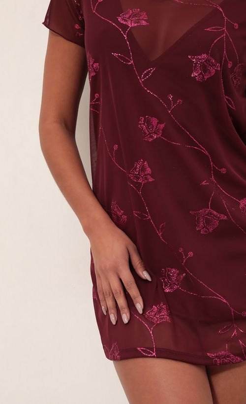 Picture Harper Dress in Burgundy Cherry Blossom. Source: https://media.lucyinthesky.com/data/Mar19_1/500xAUTO/781A3087.JPG