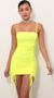 Picture Double Trouble Ruched Dress in Neon Yellow. Source: https://media.lucyinthesky.com/data/Mar19_1/50x90/781A4993.JPG
