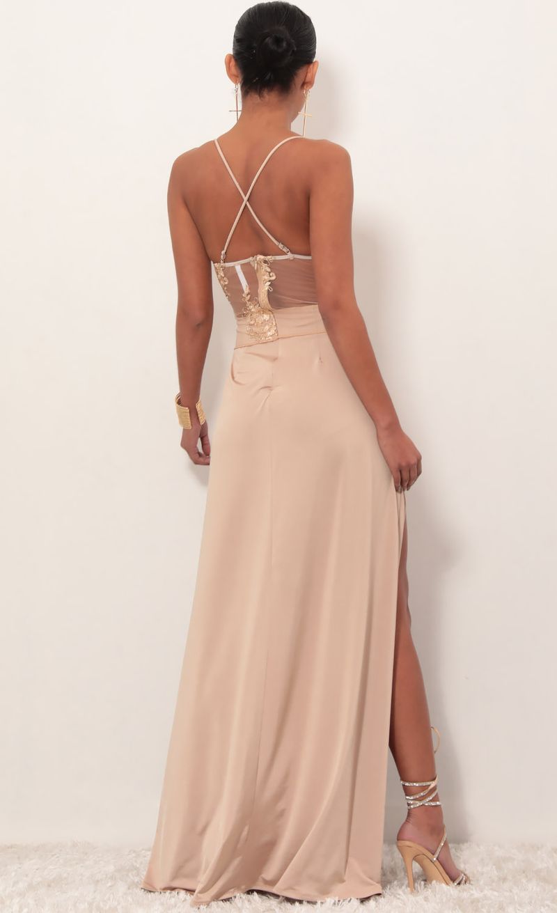 Picture Tulum Lace Maxi Dress in Champagne. Source: https://media.lucyinthesky.com/data/Mar19_1/800xAUTO/781A3796.JPG