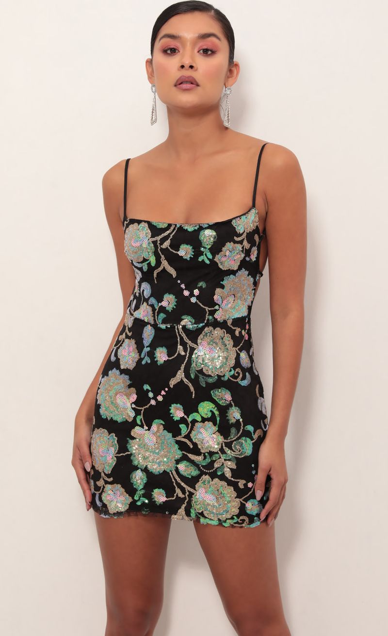 Starstruck Strappy Dress in Black Floral Sequin | Lucy in the Sky