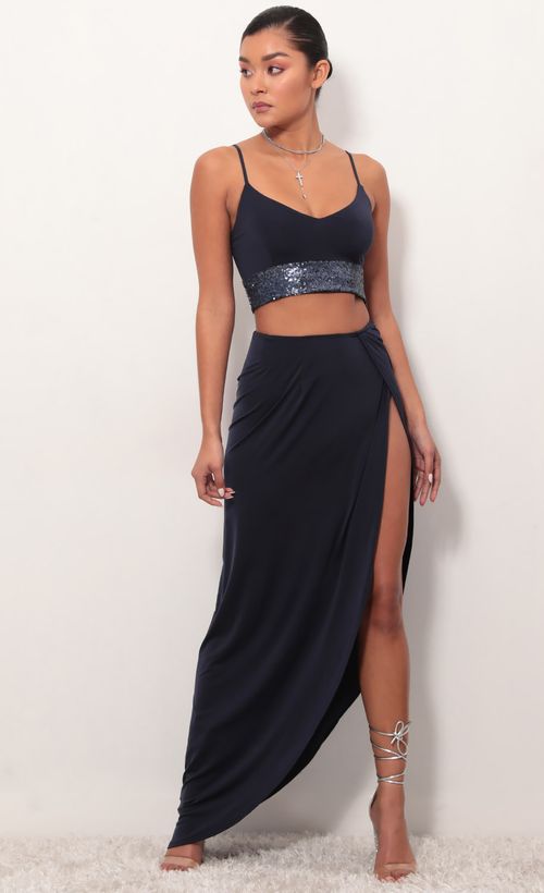 Picture City Lights Sequin Maxi Set in Navy. Source: https://media.lucyinthesky.com/data/Mar19_2/500xAUTO/781A6841.JPG