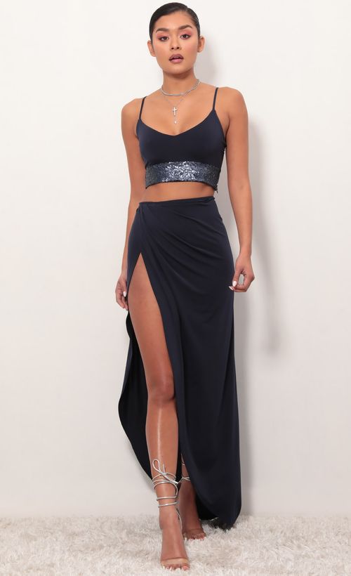Picture City Lights Sequin Maxi Set in Navy. Source: https://media.lucyinthesky.com/data/Mar19_2/500xAUTO/781A6847.JPG